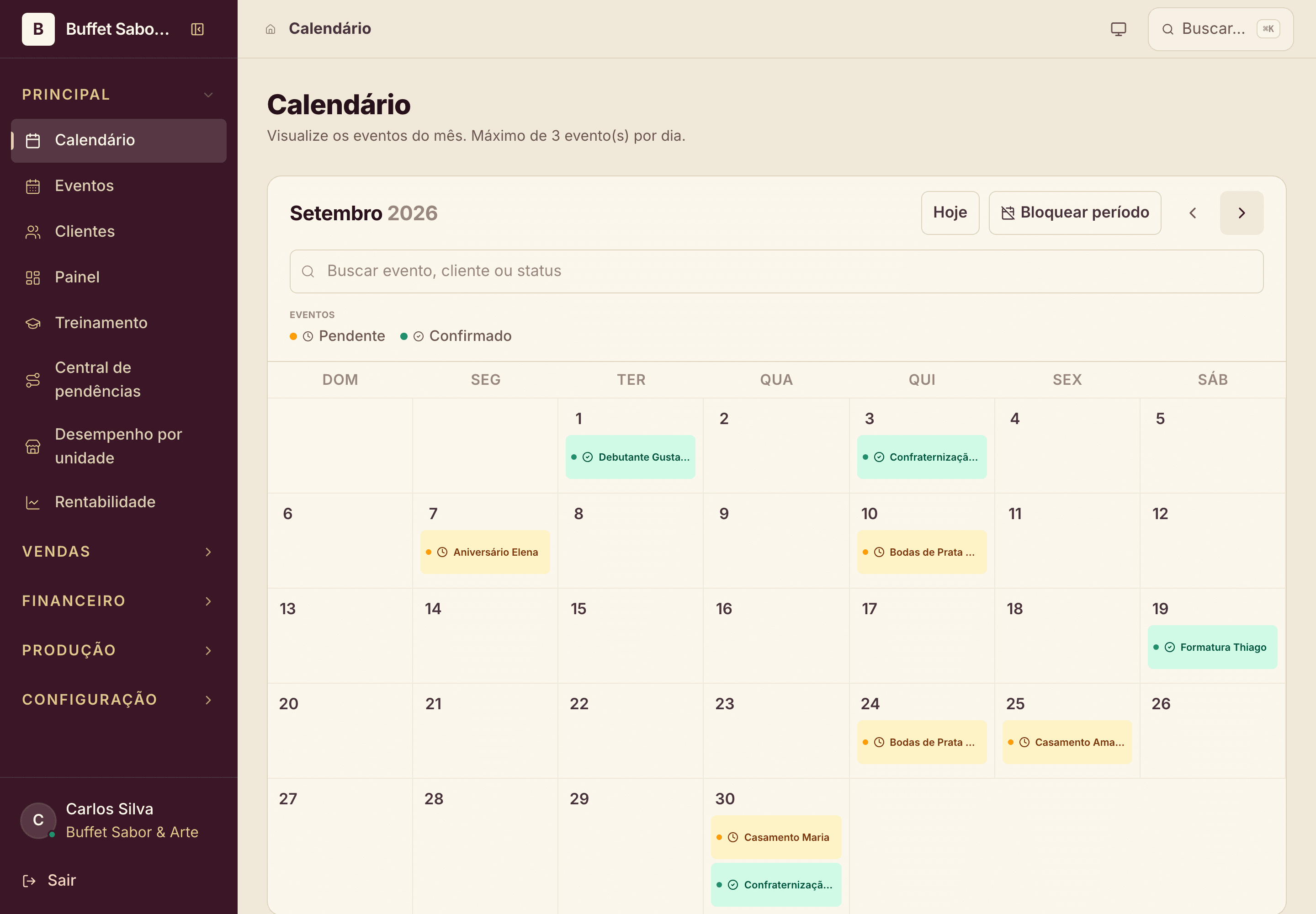 Tela real do BuffetOS: calendário de setembro com oito festas marcadas por status — confirmadas em verde, pendentes em âmbar — e busca por evento, cliente ou status.